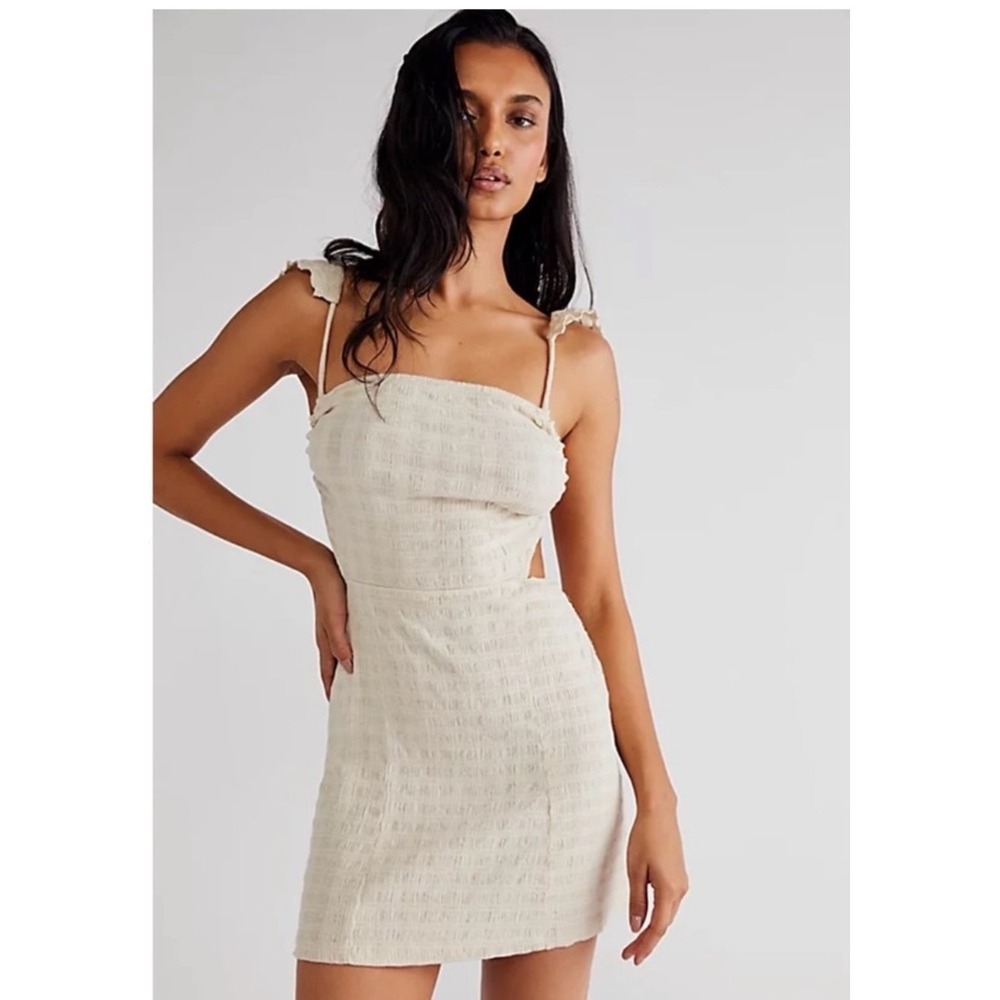 Free People Beyond Chic Cream Textured Open Back Mini Dress with Ruffle Straps M